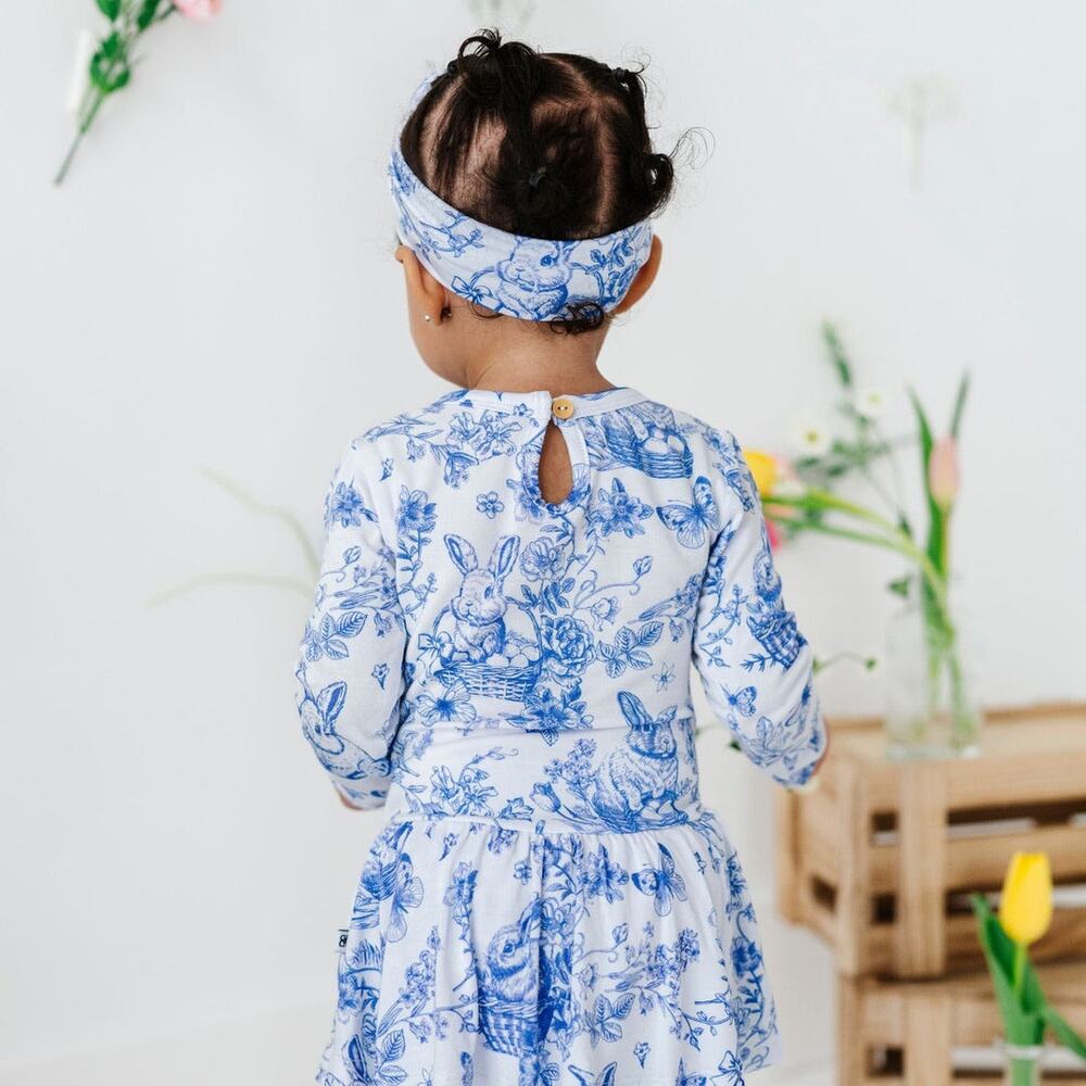 Bums & Roses Bunny Bamboo Ruffle Dress 3T Hoppy You’re Here Blue Toile - Picture 6 of 8